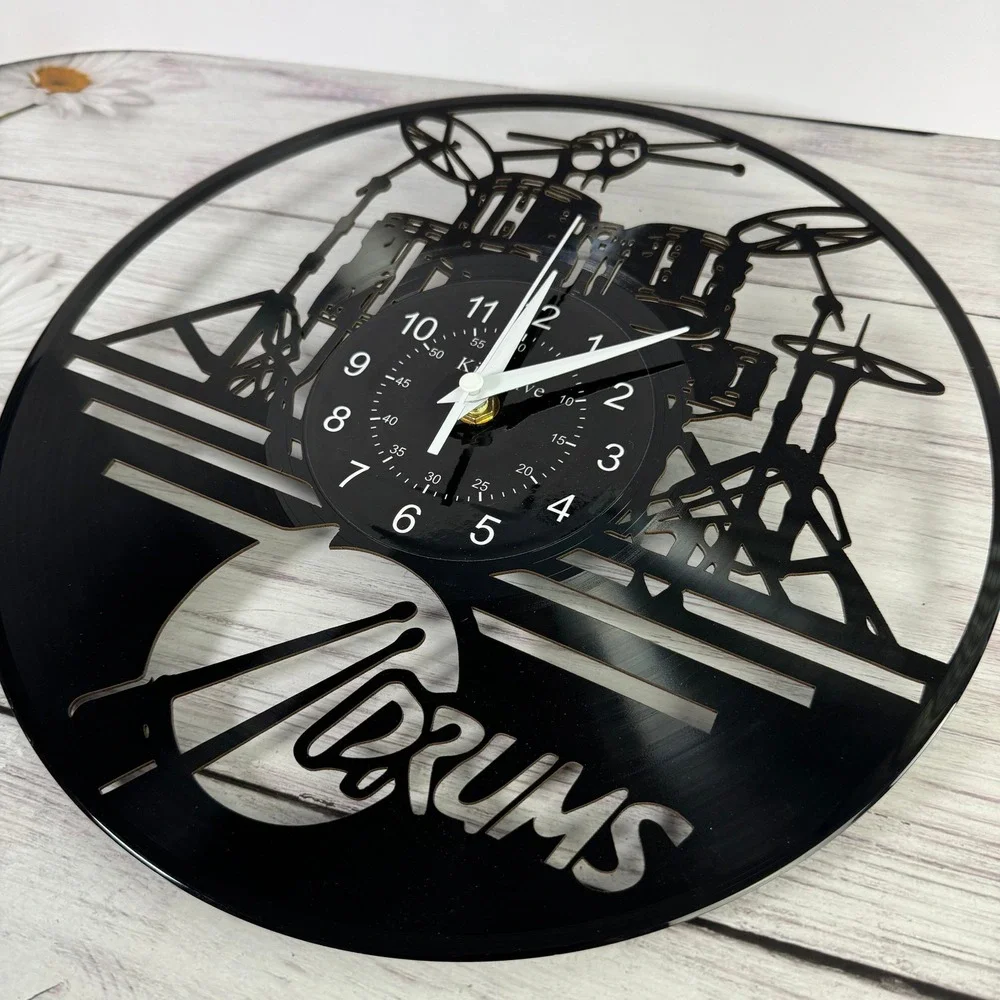 Vintage Vinyl Record Wall Clock Drum Set Silhouette Music Room Decor 12